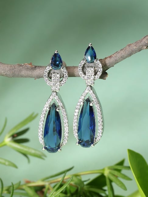 Zeneme Rhodium Plated Blue AD Handcrafted Crystal Teardrop Shaped Drop Earrings-picture-26
