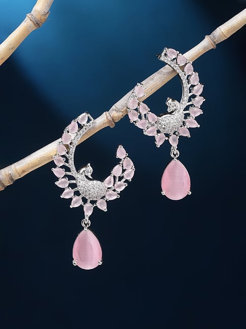 Zeneme Rhodium Plated Silver Toned Pink AD Drop Earrings-picture-19