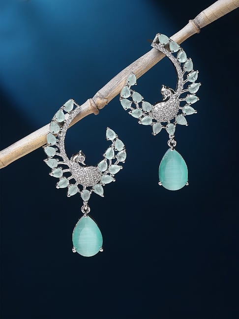 Zeneme Rhodium Plated Silver Toned Green AD Drop Earrings-picture-32