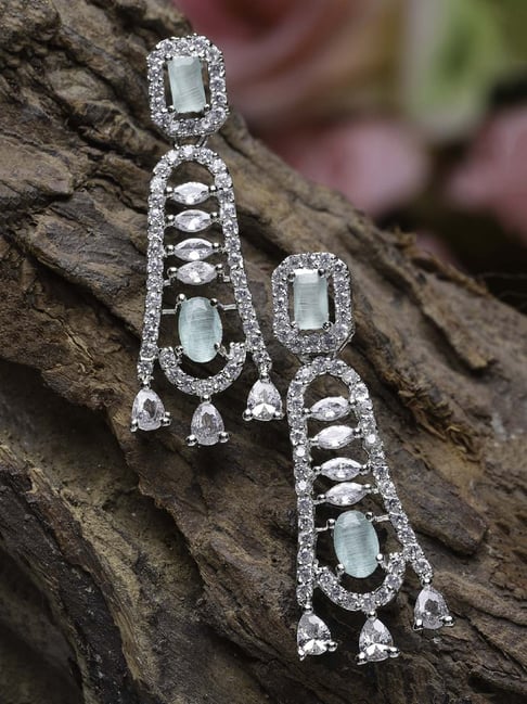 Zeneme Rhodium Plated Silver Toned Sea Green AD Studded Drop Earrings-image-26