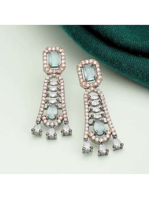 Zeneme Rosegold Gunmetal Toned Sea Green AD Studded Drop Earrings-image-25