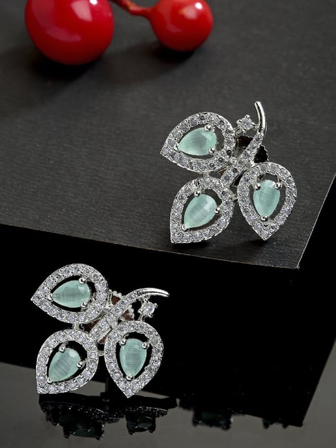 Zeneme Rhodium Plated Silver Sea Green AD Contemporary Leaf Stud Earrings-image-31