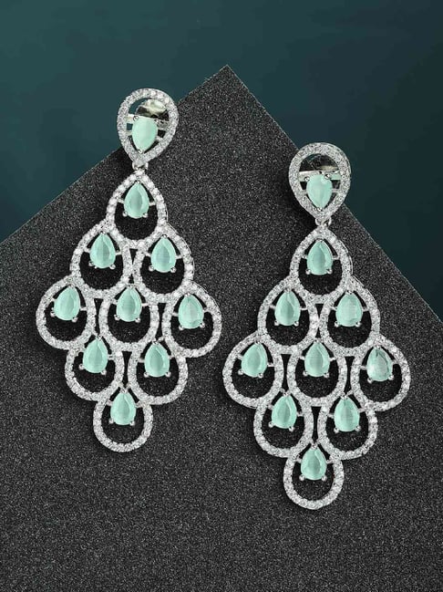 Zeneme Rhodium Plated Pink American Diamond Studded Contemporary Chandelier Earrings-picture-12