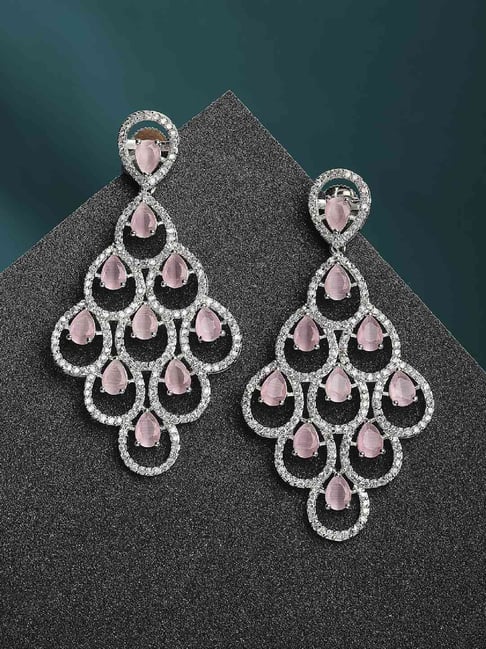 Zeneme Rhodium Plated Pink American Diamond Studded Contemporary Chandelier Earrings-picture-11
