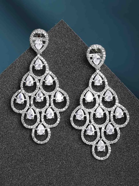 Zeneme Rhodium Plated Whtie American Diamond Studded Contemporary Chandelier Earrings-picture-24