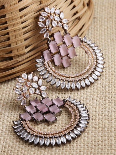 Buy Zeneme Rose Gold Gunmetal Toned Pink AD Dangler Earrings