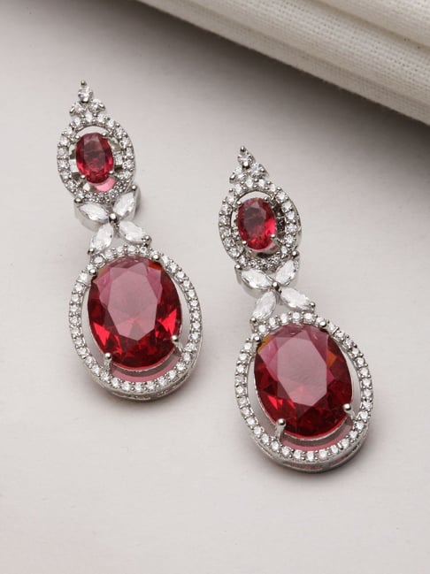 Zeneme Rhodium Plated Silver Red AD Studded Paisley Drop Earrings-picture-23
