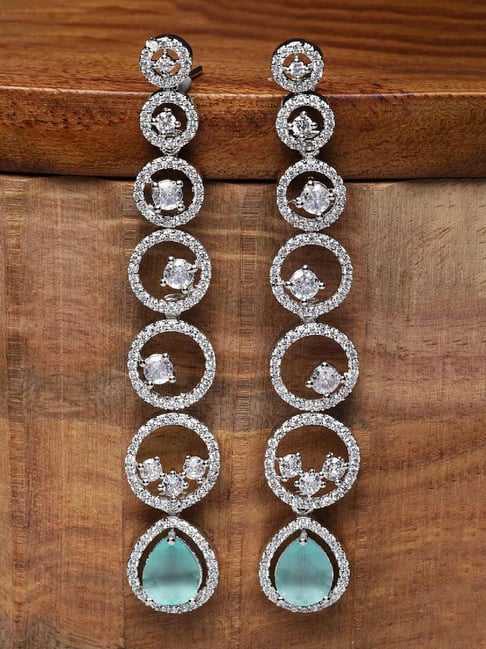Zeneme Rhodium Plated Silver Toned Sea Green AD Long Dangler Earrings-image-24