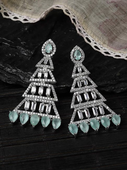 Zeneme Rhodium Plated Sea Green Crystal AD Studded Triangular Shaped Dangler Earrings-image-38