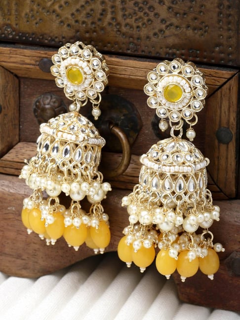 Zeneme Gold Plated Kundan Alloy Yellow Pearls Floral Jhumki Earrings