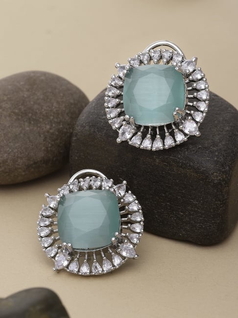 Zeneme Rhodium Plated Silver-Toned Sea Green AD Contemporary Stud Earrings-image-30