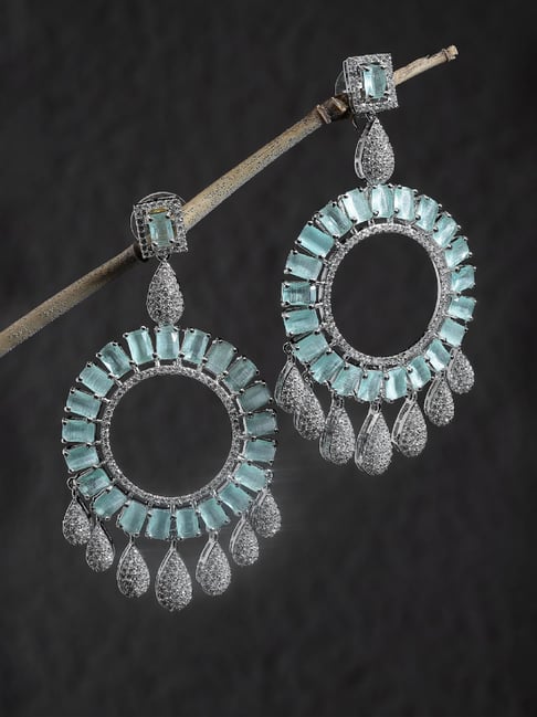 Zeneme Rhodium Plated Silver Toned Sea Green AD Dangler Earrings-image-17