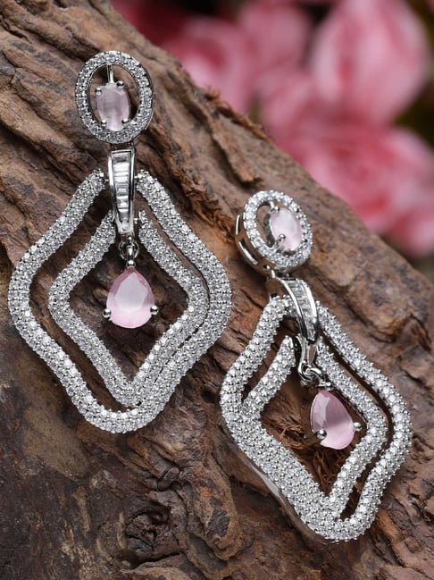 Zeneme Rhodium Plated Pink AD Studded Contemporary Drop Earrings-picture-25