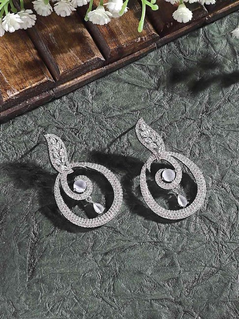 Zeneme Rhodium Plated Grey AD Studded Oval Shaped Drop Earrings-picture-38