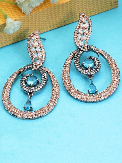 Zeneme Rose Gold Gunmetal Green AD Studded Oval Shaped Drop Earrings-picture-18