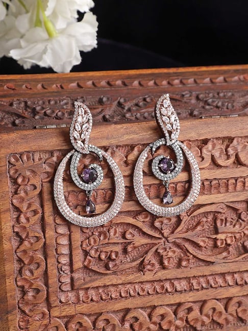Zeneme Rose Gold Gunmetal Purple AD Studded Oval Shaped Drop Earrings-picture-30