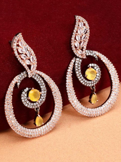Zeneme Rose Gold Gunmetal Yellow AD Studded Oval Shaped Drop Earrings-picture-15