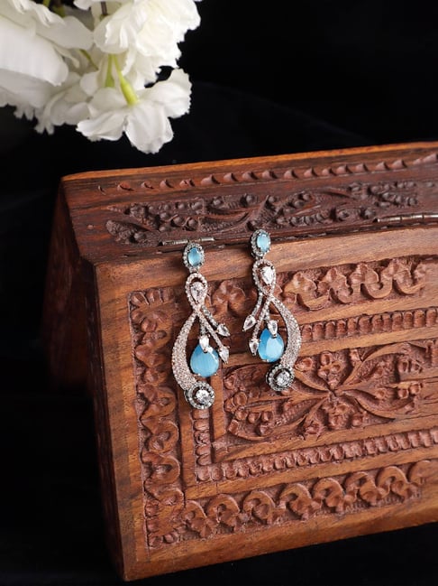 Zeneme Rose Gold Gunmetal Toned Sea Green AD Quirky Drop Earrings-image-23
