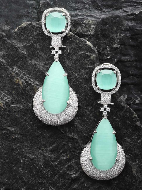 Zeneme Rhodium Plated Sea Green AD Teardrop Dangler Earrings-image-22