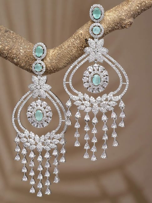 Zeneme Rhodium Plated Silver Toned Sea Green AD Dangler Earrings-image-15
