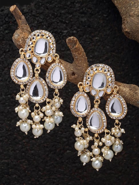 Zeneme Gold Plated Kundan & White Pearls Studded Round Mirror Dangler Earrings-picture-10