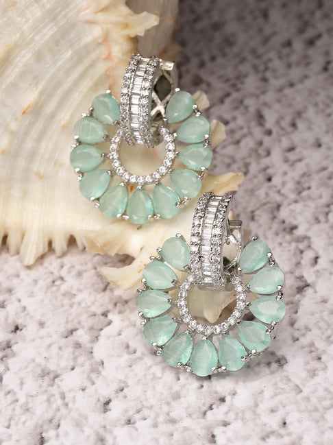 Zeneme Rhodium Plated Silver Toned Floral Sea Green Crystal AD Drop Earrings-image-44