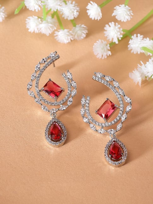 Zeneme Rhodium Plated Silver Toned Red AD Studded Drop Earrings-picture-27
