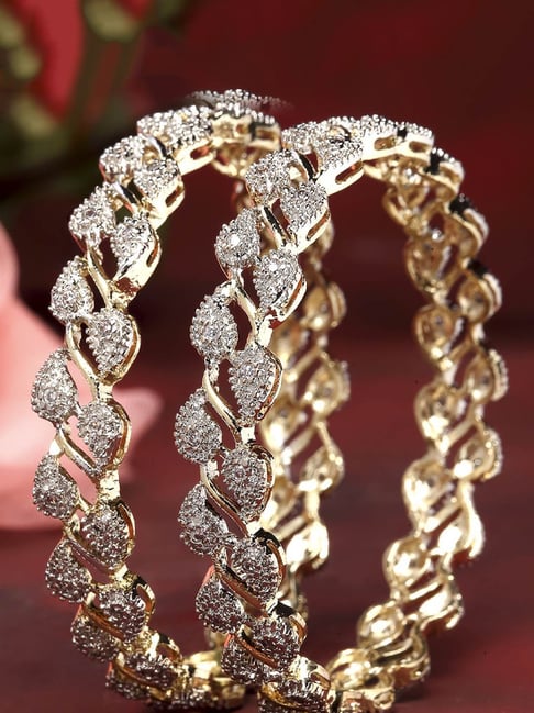 Zeneme Gold Plated White American Diamond Studded Bangles for Women Set of 2-picture-15