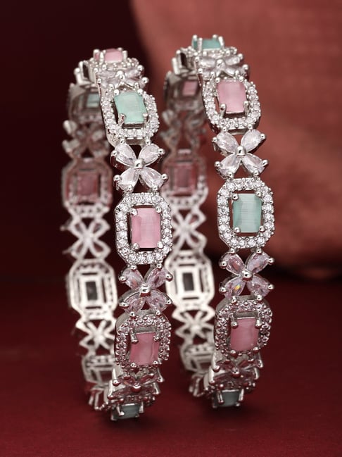 Zeneme Rhodium Plated Pink & Green AD Crystal Bangles for Women & Girls Set of 2-picture-10