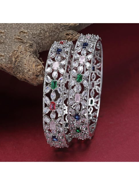 Zeneme Rhodium Plated Silver Multicolour American Diamond Bangles for Women Set of 2-picture-43