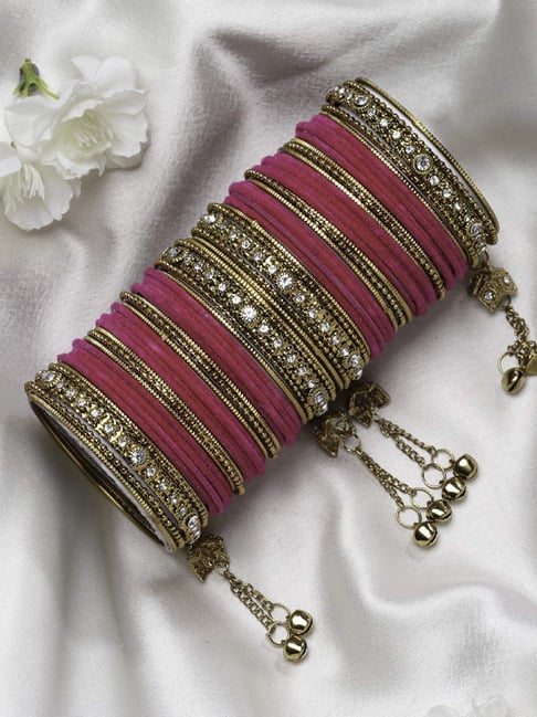 Buy Zeneme Gold Matte Finish Pink CZ Studded Bangles Set of 56