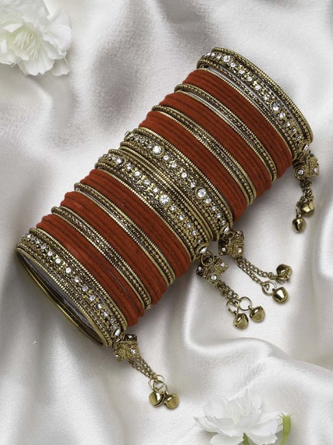 Zeneme Gold Plated Matte Finish Red Velvet CZ Studded Bangles for Women Set of 56-picture-42