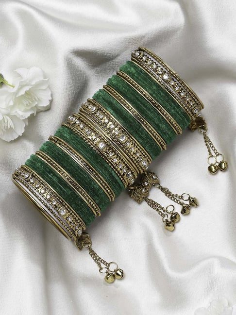 Zeneme Gold Plated Matte Finish Green Velvet CZ Studded Bangles for Women Set of 56
