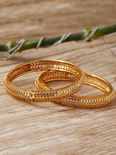 Zeneme Gold Plated Textured Intricate Bangle for Women Set of 2-picture-29