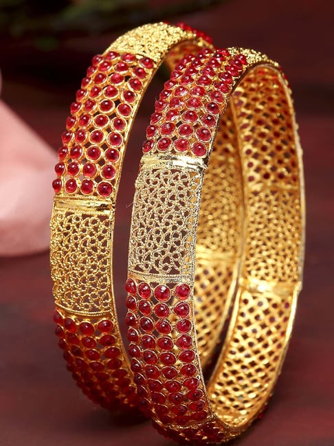 Zeneme Gold Plated & Red Pearl Studded Filgree Handcrafted Bangles for Women Set of 2-picture-25