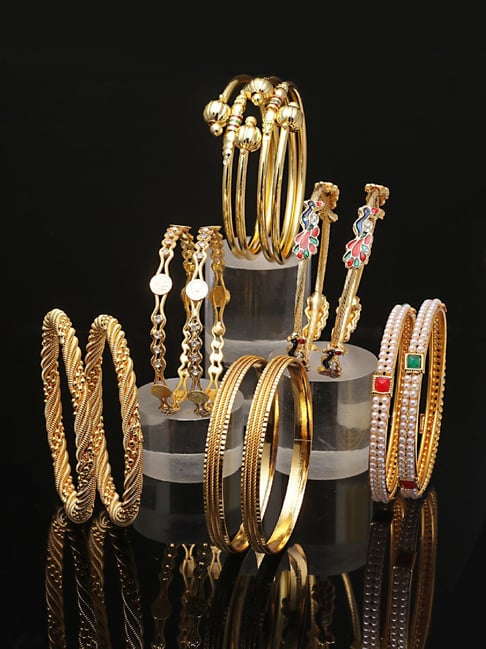 Zeneme Gold Plated & Gold Toned Stone & Pearl Studded Bangles for Women Set of 12-picture-41