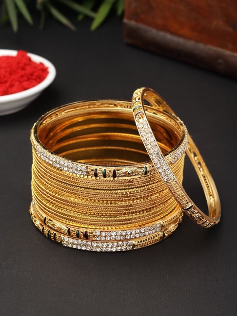 Zeneme Gold Plated Brass Textured Daily Wear Golden Bangles for Women Set of 8-picture-34