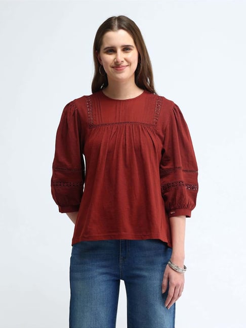 U.S. Polo Assn. Brown Cotton Embroidered Top