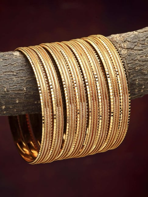 Zeneme Gold Plated Brass Textured Daily Wear Golden Bangles for Women Set of 8-picture-13