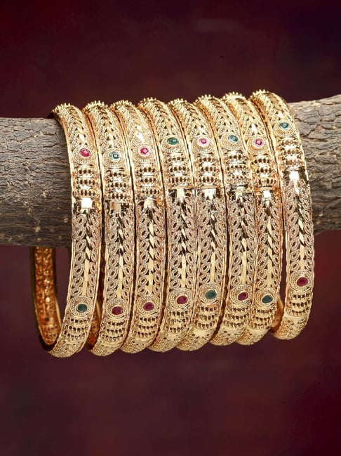 Zeneme Gold Plated CZ Studded Bangles for Women Set of 8-picture-30