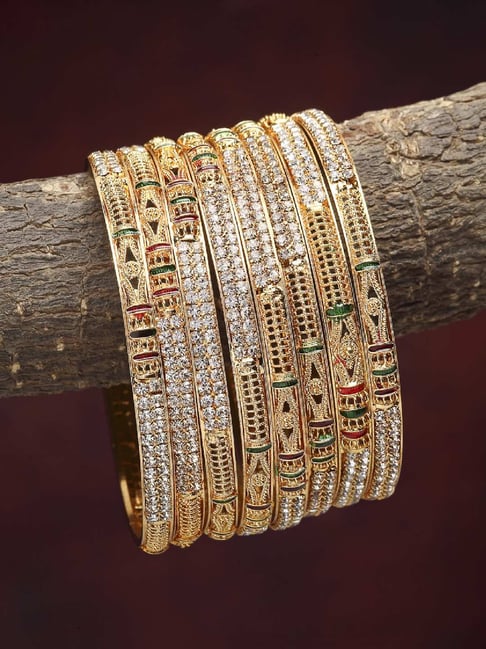 Zeneme Gold Plated Red And Green Meenakari Textured CZ Bangles for Women Set of 8-picture-39