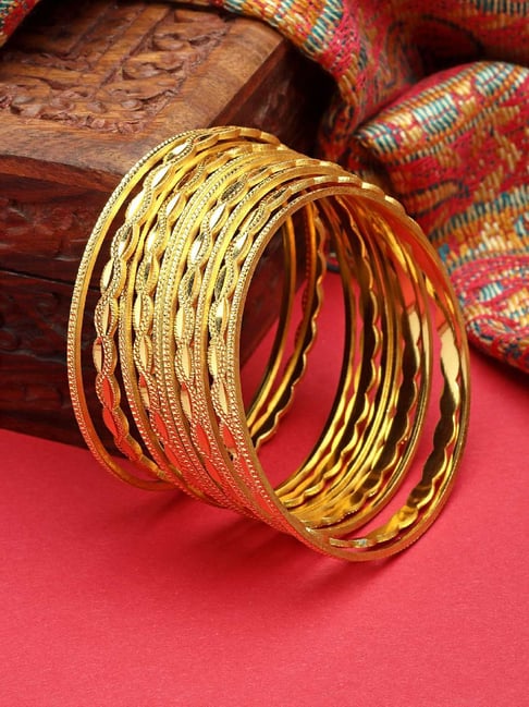 Zeneme Gold Plated Textured Handcrafted Bangles Set of 10-picture-34