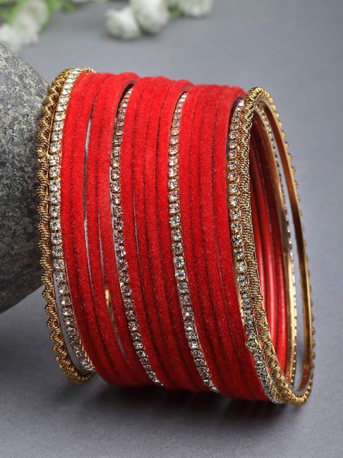 Zeneme Gold Plated CZ Studded Red Velvet Bangles for Women Set of 18-picture-17