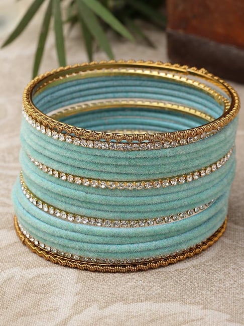 Buy Zeneme Gold CZ Studded Blue Velvet Bangles Set of 18 Online At