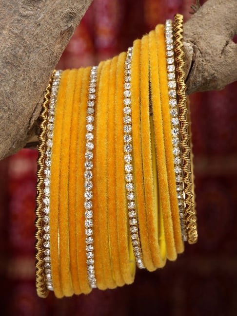 Buy Zeneme Gold CZ Studded Yellow Velvet Bangles Set of 18 Online