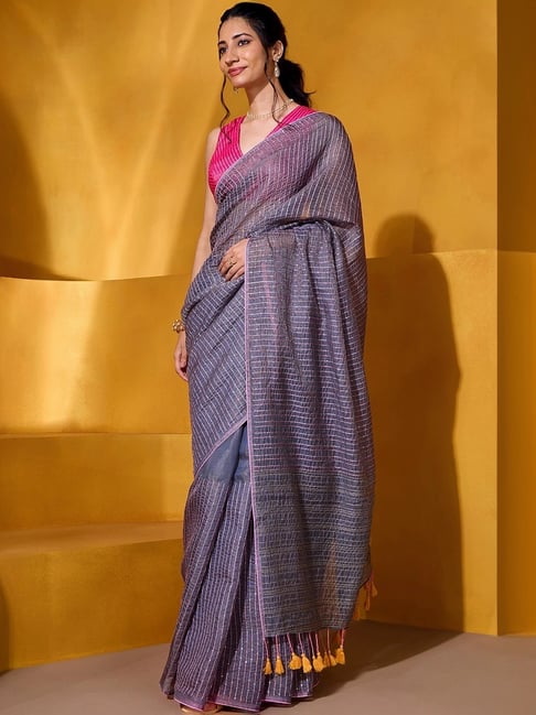 Taneira Grey Embroidered Saree With Unstitched Blouse-image-31