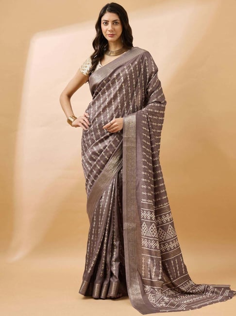 Winza Designer Brown Striped Saree With Unstitched Blouse-picture-22