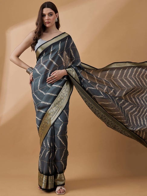 Winza Designer Black Printed Saree With Unstitched Blouse