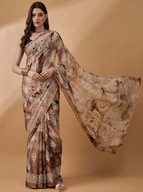 Winza Designer Brown Printed Saree With Unstitched Blouse