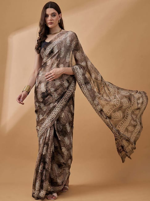 Winza Designer Brown Printed Saree With Unstitched Blouse